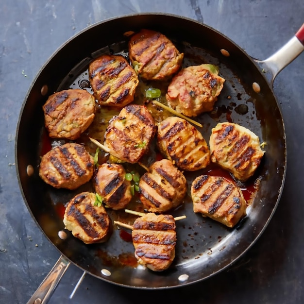 Primer plano de carne de res frita Chapli kebab en una sartén grande en aceite por la noche