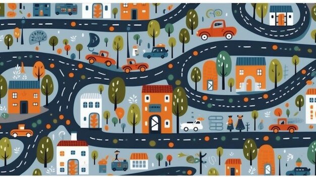 un primer plano de una carretera con casas y coches en ella