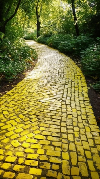 Un primer plano de una carretera de ladrillo amarillo en un parque generativo ai