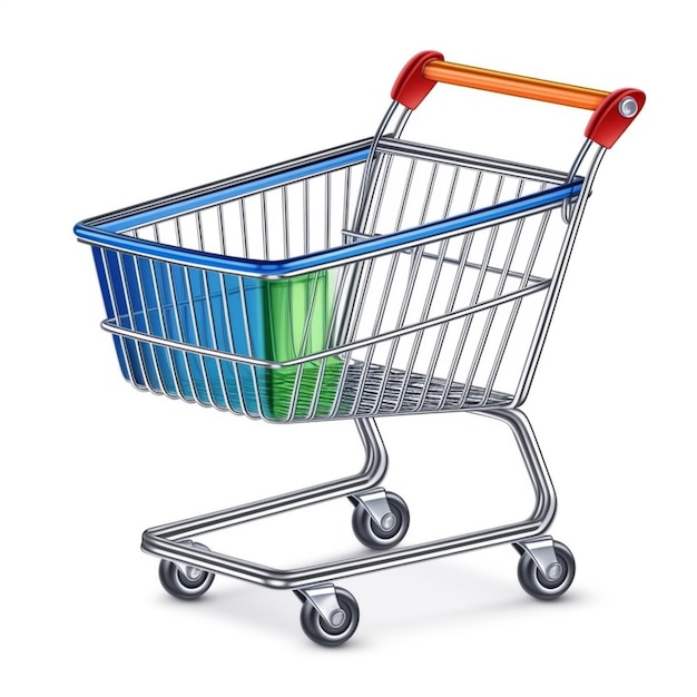 un primer plano de un carrito de compras con una bolsa verde y azul generativa ai