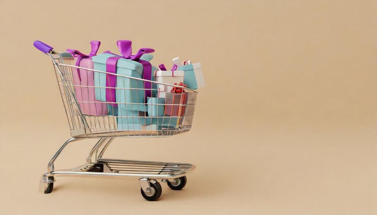 Un primer plano de un carrito de compras lleno de regalos en un fondo beige3d