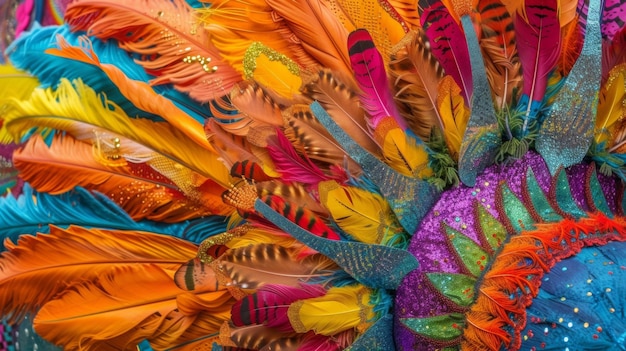 Foto un primer plano de una carroza tradicional de carnaval adornada con tonos brillantes y adornadas con plumas