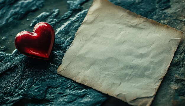 Un primer plano de una carta de amor con una decoración en forma de corazón y un papel en blanco cerca que evoca romance y nostalgia