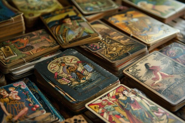 Foto un primer plano de cartas de tarot antiguas apiladas con intrincadas obras de arte que evocan la curiosidad