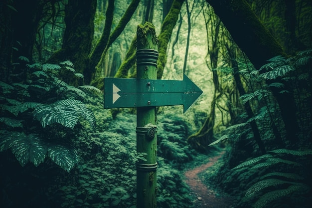 Primer plano de un cartel con una flecha que señala el camino en un frondoso bosque creado con ai generativa