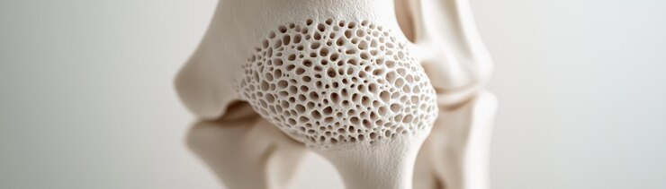 Un primer plano del cartílago en la rodilla humana que muestra su intrincada estructura y textura. Una vista detallada destaca la naturaleza porosa del cartículo, enfatizando su importancia biológica.