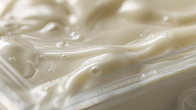 Foto un primer plano de un cartón de leche de vainilla cremosa con su textura lisa y aterciopelada visible a través del embalaje transparente que invita a un sorbo de su indulgente sabor