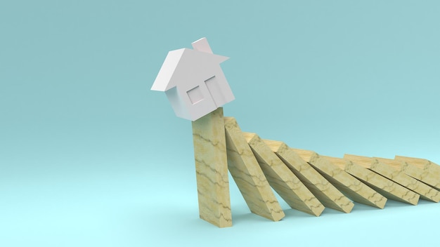Foto primer plano de una casa modelo en fichas de dominó que caen contra un fondo azul