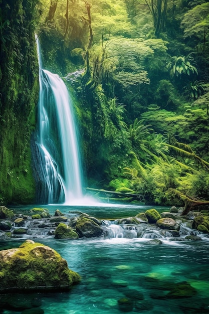 Un primer plano de una cascada en un frondoso bosque verde generativo ai