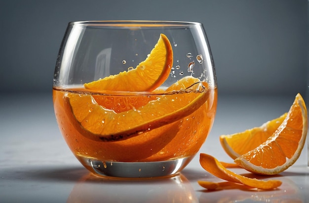 Un primer plano de cáscaras de naranja con un vaso de jugo en el