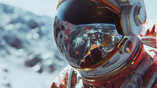 Foto primer plano de un casco de astronauta que refleja la tierra en un paisaje nevado