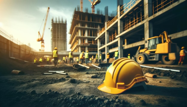 En primer plano, un casco de seguridad amarillo en un sitio de construcción con trabajadores borrosos y maquinaria pesada en acción en el fondo.