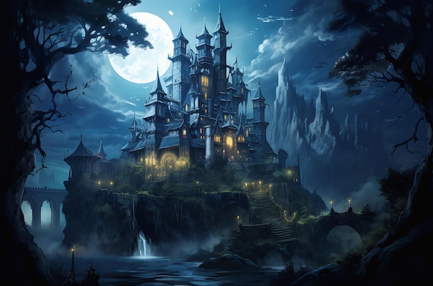 Primer plano del castillo, el acantilado, la cascada, el calabozo nocturno, el palacio, la luna llena de mil años, la guarida de los malvados.