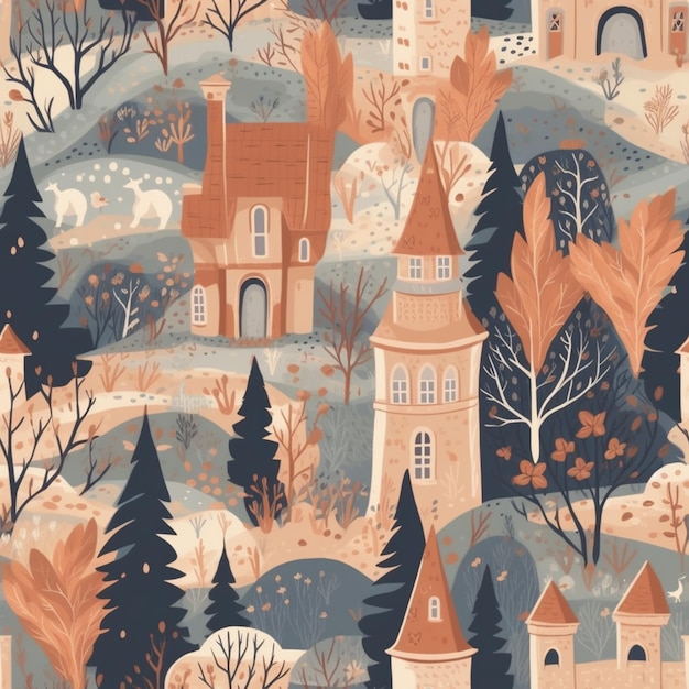 Un primer plano de un castillo de dibujos animados rodeado de árboles y colinas ai generativo