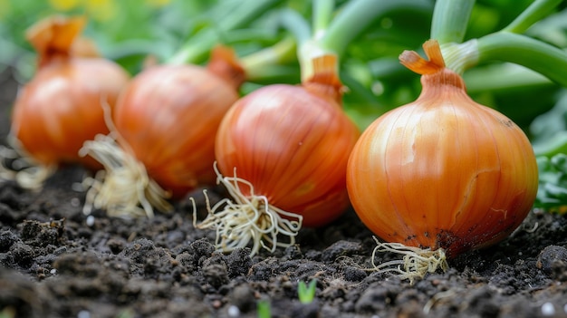 Un primer plano de una cebolla rosa que crece en la tierra