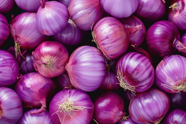 Foto un primer plano de cebollas púrpuras frescas a granel