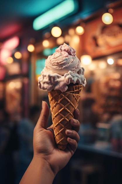 Primer plano de la celebración de helado con fondo borroso