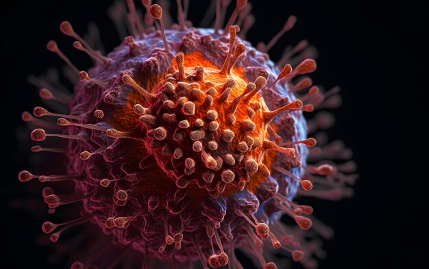 Foto un primer plano de una célula de virus con colores naranja y violeta.