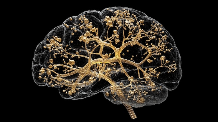 primer plano del cerebro humano con una intrincada red de neuronas visible en fondo negro idea científica