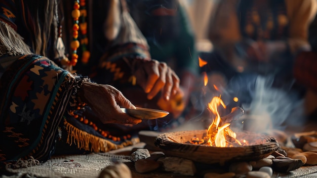 Un primer plano de una ceremonia o ritual de curación tradicional con los participantes reunidos alrededor de un fuego