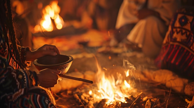 Un primer plano de una ceremonia o ritual de curación tradicional con los participantes reunidos alrededor de un fuego