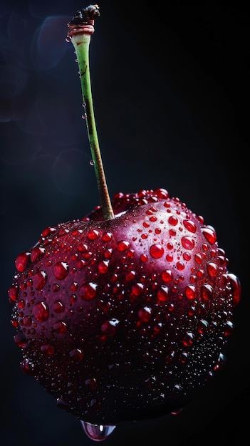 Primer plano de una cereza con gotas de agua en un fondo oscuro