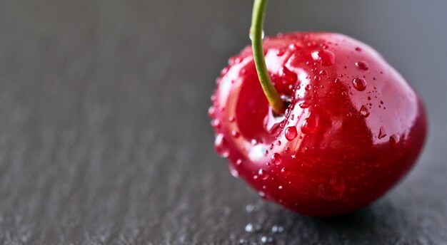 Primer plano de una cereza jugosa con pequeñas gotas de agua sobre piedra gris,