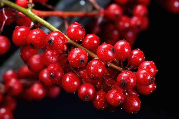 Primer plano de las cerezas de café maduras en la rama creada con AI generativa