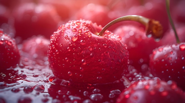 Primer plano de cerezas frescas cubiertas de rocío que brillan en una luz suave y jugosa fruta roja con gotas de agua, un refrigerio saludable AI
