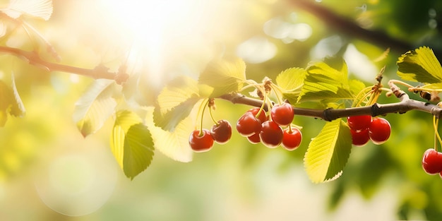 Primer plano de cerezas maduras de color rojo oscuro colgando de una rama de un cerezo con la luz del sol Banner