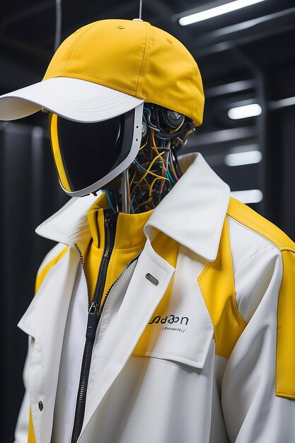 Foto un primer plano de una chaqueta blanca y un sombrero amarillo en una percha generativa ai