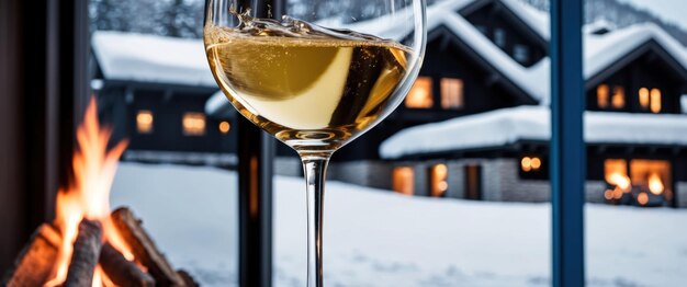 Un primer plano de Chardonnay girando en una copa contra un acogedor telón de fondo invernal