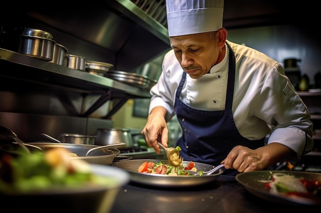 Un primer plano de un chef en una cocina profesional preparando hábilmente un plato IA generativa