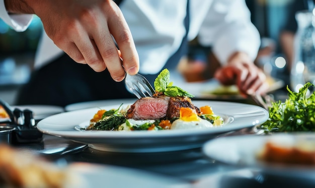 Primer plano del chef preparando un plato de cordero gourmet con hierbas y verduras frescas