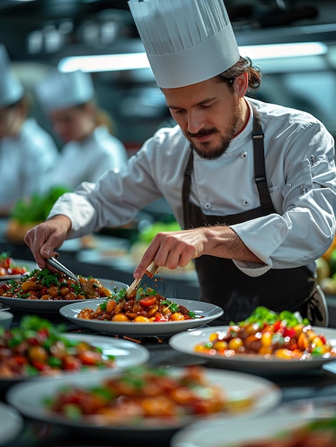 Foto primer plano de un chef preparando un plato