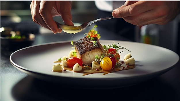 Primer plano de un chef que adorna el filete de pescado en un restaurante