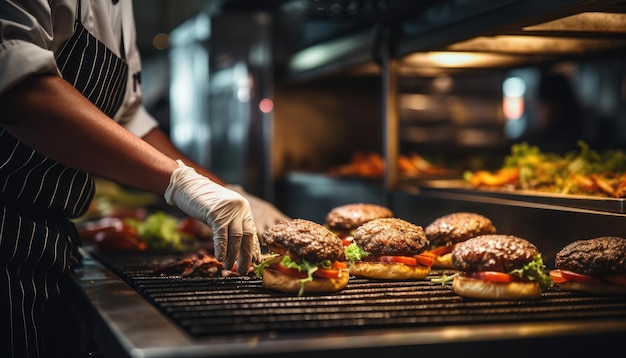 Primer plano de un chef que prepara magistralmente hamburguesas con precisión culinaria