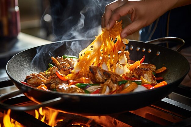 Un primer plano de un chef rociando especias con las manos sobre el pollo frito