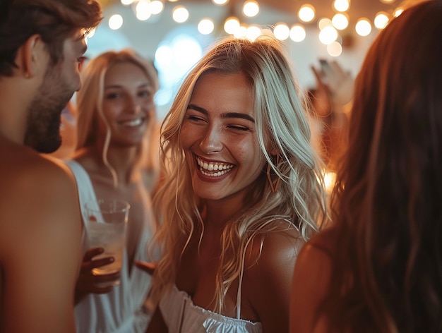 primer plano de una chica feliz grupo de amigos divirtiéndose juntos fiesta risas conversación bar
