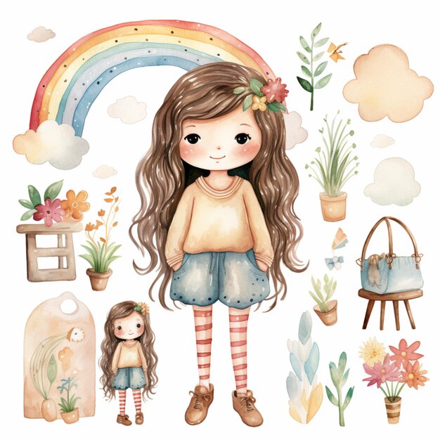Foto un primer plano de una chica con una muñeca y un arco iris generativo ai