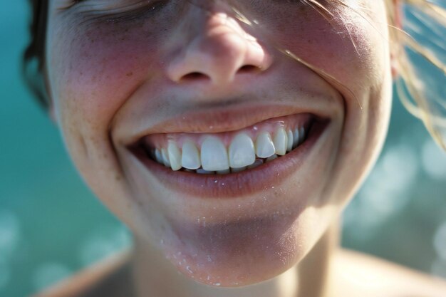 Un primer plano de una chica sonriente con dientes blancos en la playa