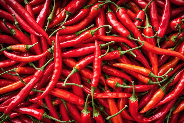 Primer plano de chiles rojos frescos en un arreglo vibrante con textura detallada