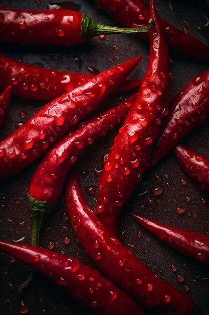 Un primer plano de chiles rojos con gotas de agua sobre ellos