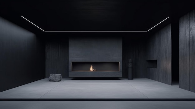 un primer plano de una chimenea en una habitación con una pared negra generativa ai