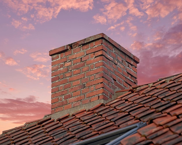Primer plano de una chimenea de ladrillo rojo contra un colorido cielo de puesta de sol para gases de combustión y aislamiento del hogar en el techo de tejas Diseño de arquitectura en la construcción de viviendas para la extracción de humo de la chimenea o el horno