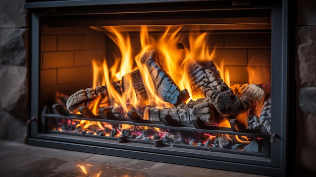 Foto un primer plano de una chimenea moderna con leña ardiente que crea una atmósfera cálida y acogedora