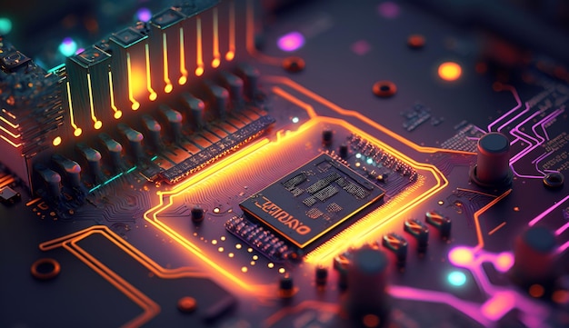 Un primer plano de un chip de computadora con luces de neón.