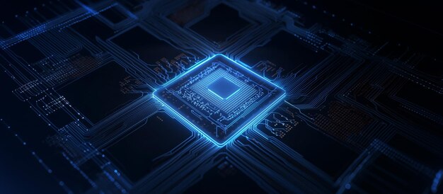 un primer plano de un chip de computadora con una luz azul en él ai generativo