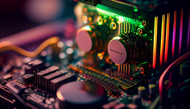 Primer plano de un chip de computadora en una parte de la placa de circuito impreso electrónico Ilustración de papel tapiz de colores brillantes