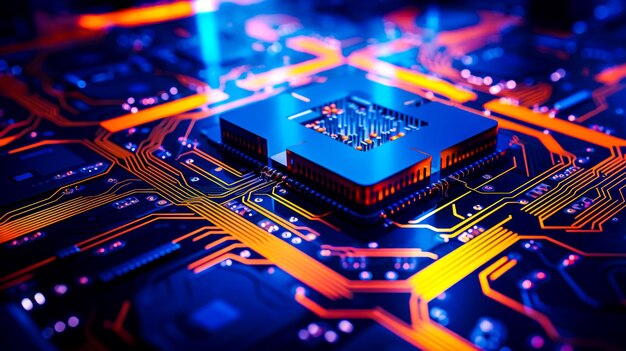 Foto primer plano de un chip de computadora en una placa de circuitos con luces amarillas y azules